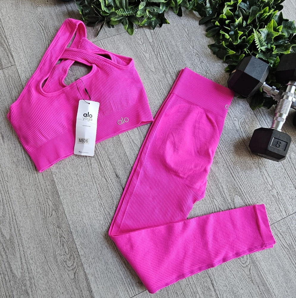 ALO Yoga Fuchsia Ribbed Leggings and Top Set